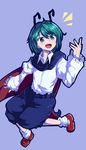  :d antennae cape dress_shirt green_hair highres open_mouth pants shiozaki16 shirt simple_background smile solo touhou wriggle_nightbug 