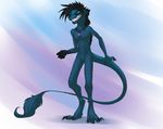 4_toes 5_fingers akineza anthro black_hair blue_eyes blue_skin digitigrade featureless_crotch hair jewelry looking_at_viewer male necklace nude simple_background solo standing teeth toes unknown_species 
