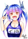  :d bare_shoulders blue_hair breasts fang gradient_hair hair_ribbon happy i-19_(kantai_collection) kantai_collection large_breasts long_hair looking_at_viewer multicolored_hair name_tag noise_(tsuzuki) one-piece_swimsuit open_mouth purple_hair red_eyes ribbon school_swimsuit signature simple_background smile solo star star-shaped_pupils swimsuit symbol-shaped_pupils twintails twitter_username upper_body v white_background 