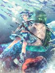  :d backpack bag blue_eyes blue_hair boots commentary_request hair_bobbles hair_ornament highres kawashiro_nitori key looking_away mechanical_arm missile miyuki_ruria navel open_mouth propeller puffy_short_sleeves puffy_sleeves rubber_boots short_hair short_sleeves skirt skirt_set smile solo touhou two_side_up 