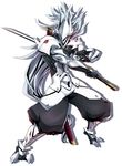  armor black_pants blazblue blazblue:_central_fiction fighting_stance full_body gloves hakumen highres katou_yuuki long_hair male_focus mask official_art pants shadow silver_hair solo standing sword weapon white_background 