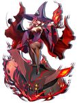  black_footwear black_sclera blazblue blazblue:_central_fiction breasts brown_legwear cape closed_mouth detached_sleeves expressionless fire hat highres katou_yuuki konoe_a_mercury large_breasts long_hair looking_at_viewer magic miniskirt official_art pantyhose pink_hair purple_hat purple_skirt pyrokinesis red_cape robot shadow shoes skirt solo standing white_background witch_hat yellow_eyes 