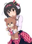  ahoge bad_id bad_pixiv_id banana_(hirane1988) black_hair blush brown_eyes hairband idolmaster idolmaster_cinderella_girls kohinata_miho short_hair simple_background solo stuffed_animal stuffed_toy teddy_bear 