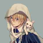  animal animal_in_clothes animal_on_shoulder bangs blonde_hair blue_eyes blue_neckwear blush cat cat_on_shoulder cloak closed_mouth collared_shirt hair_over_eyes honegai hood hood_up hooded_cloak looking_at_viewer male_focus necktie portrait shirt sideways_glance simple_background solo touken_ranbu upper_body white_shirt yamanbagiri_kunihiro yellow_eyes 