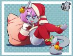  armwear blue_eyes blue_fur cat child christmas clothing cub feline female fur hat holidays legwear looking_at_viewer lpawz mammal pillow santa_hat simple_background solo stockings tongue tongue_out young 
