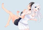  :d back-to-back barefoot black_hair black_shorts blue_eyes blush breasts camisole cleavage grin hi_iro legs_up locked_arms long_hair looking_back medium_breasts multiple_girls open_mouth original pleated_skirt red_eyes short_hair shorts silver_hair skirt smile strap_gap white_skirt 