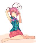  :o adapted_costume alternate_hairstyle armpits bare_arms barefoot bright_pupils bubble_skirt feet flat_chest fox_mask hata_no_kokoro knees_together_feet_apart looking_at_viewer mask miniskirt nekomiyanono noh_mask pink_eyes pink_hair plaid plaid_shirt shirt short_hair short_sleeves sitting skirt sleeveless solo surprised toes touhou wariza white_pupils 