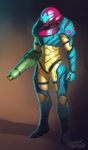  absurdres alternate_costume arm_cannon artstation_sample commentary dave_lopez full_body fusion_suit helmet highres image_sample metroid metroid_fusion power_armor redesign samus_aran solo weapon 