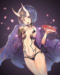  alcohol blush breasts cup eyebrows fate/grand_order fate_(series) food fruit horns japanese_clothes jewelry kimono looking_at_viewer navel oni oni_horns open_mouth purple_eyes purple_hair sakazuki sake short_hair shuten_douji_(fate/grand_order) small_breasts smile solo teddy_(khanshin) tongue tongue_out 
