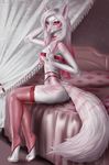  2016 anthro bed canine clothed clothing detailed_background digitigrade etskuni eyebrows eyelashes female fluffy fluffy_tail fox fur gradient_hair hair hand_behind_head looking_at_viewer mammal on_bed pink_eyes pink_hair pink_nose sitting slim solo white_fur white_hair 