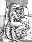  anthro anthrosaurs bed claws cuddling cute dinosaur duo female hand_between_legs hug indominus_rex jurassic_park jurassic_world male male/female predaguy size_difference sleeping spooning theropod tyrannosaurus_rex 
