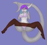  anthro black-phoenix blue_hair bra breasts clothed clothing female fish hair legwear looking_at_viewer marine navel nipple_bulge open_mouth panties shark simple_background solo spread_legs spreading stockings teeth thick_thighs underwear 