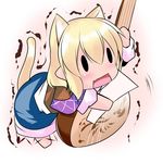  animal_ears bent_over blonde_hair blue_skirt blush brown_shirt cat_ears cat_tail commentary_request hoshizuki_(seigetsu) instrument mizuhashi_parsee music open_mouth pink_background playing_instrument puru-see shamisen shirt skirt solid_oval_eyes solo tail touhou trembling 