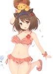  :d arm_up bare_arms bare_shoulders bikini blush bow breasts brown_eyes brown_hair collarbone creature creature_on_head draph frilled_bikini frills granblue_fantasy hair_bobbles hair_intakes hair_ornament hairband highres horns kagerou_(shadowmage) looking_at_viewer medium_breasts no_socks open_mouth red_bikini red_bow ribbon sandals short_hair simple_background smile solo swimsuit tareme thigh_gap water water_drop white_background wrist_ribbon yaia_(granblue_fantasy) 
