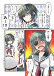  &gt;_&lt; alternate_hair_length alternate_hairstyle blonde_hair blush character_request closed_eyes comic dual_persona earrings eyepatch fang full-face_blush green_eyes green_hair hair_between_eyes hat heart heart_earrings jewelry kantai_collection kiso_(kantai_collection) long_hair multiple_girls neckerchief no_hat no_headwear open_mouth remodel_(kantai_collection) school_uniform serafuku short_hair short_sleeves translation_request yuihira_asu 