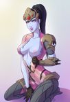  1girl areolae artist_name blue_hair blue_skin bodysuit breasts collarbone ear_studs head_mounted_display long_hair navel nipples overwatch parted_lips ponytail simple_background single_glove solo web_address widowmaker_(overwatch) yellow_eyes 
