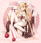  blonde_hair blush breasts cake cherry chocolate chocolate_on_foot cleavage dk.senie food fruit large_breasts long_hair looking_at_viewer md5_mismatch original sitting smile solo thighhighs tongue tongue_out twintails very_long_hair white_legwear yellow_eyes 