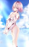  absurdres ass bikini breasts cleavage cloud day fate/grand_order fate_(series) hair_over_one_eye highres large_breasts looking_at_viewer mash_kyrielight outdoors purple_eyes purple_hair short_hair smile solo swimsuit tetsu_(excalibur920) tongue tongue_out white_bikini 