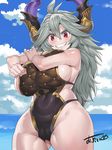 artist_name bangs blush breasts cameltoe cloud covered_navel day draph granblue_fantasy grey_hair grin hair_between_eyes horns huge_breasts long_hair looking_at_viewer obui ocean one-piece_swimsuit outdoors red_eyes sideboob skindentation sky smile solo swimsuit teeth thalatha_(granblue_fantasy) thick_thighs thighs water 