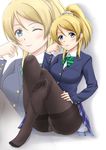  ass ayase_eli black_legwear blazer blonde_hair blue_eyes blush crossed_legs crotch_seam feet fuuma_nagi high_ponytail jacket looking_at_viewer love_live! love_live!_school_idol_project necktie no_shoes one_eye_closed otonokizaka_school_uniform panties panties_under_pantyhose pantyhose plaid plaid_skirt playing_with_own_hair ponytail school_uniform sitting skirt smile solo thighband_pantyhose underwear zoom_layer 