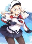  black_gloves black_legwear blonde_hair breasts capelet gloves graf_zeppelin_(kantai_collection) grey_eyes hair_between_eyes hat iron_cross jacket kantai_collection large_breasts military military_hat military_uniform miniskirt pantyhose peaked_cap sidelocks skirt solo tobimura twintails uniform white_capelet 