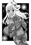  :d ahoge alternate_costume alternate_hair_ornament ass bag blush floral_print from_behind greyscale hair_ornament japanese_clothes kantai_collection kimono kyougoku_shin long_hair long_sleeves looking_back mask mask_on_head monochrome open_mouth ribbon ro-500_(kantai_collection) smile solo tan wide_sleeves 