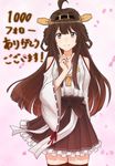  absurdres ahoge arm_behind_back bangs bare_shoulders black_eyes brown_hair brown_legwear closed_mouth cowboy_shot eyebrows eyebrows_visible_through_hair followers hand_up headgear highres kantai_collection key_kun kongou_(kantai_collection) long_hair looking_at_viewer nontraditional_miko pink_background ribbon-trimmed_sleeves ribbon_trim sidelocks smile solo standing thigh_gap thighhighs translation_request wide_sleeves zettai_ryouiki 