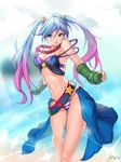  absurdres arcade_sona arm_warmers artstation_sample bad_perspective bikini blue_hair bra breasts cleavage fingerless_gloves gloves highres image_sample jewelry league_of_legends lee_seok_ho legs multicolored_hair navel necklace open_clothes open_skirt panties skirt solo sona_buvelle stomach striped striped_bikini swimsuit toned twintails two-tone_hair underwear 