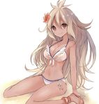  bad_id bad_pixiv_id bikini blonde_hair breasts brown_eyes dark_skin flower granblue_fantasy hair_between_eyes hair_flower hair_ornament highres inaresi large_breasts long_hair looking_at_viewer solo swimsuit white_bikini zooey_(granblue_fantasy) 