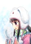  animal_hat blush breath brown_hair bunny_hat cloud_print frilled_shirt_collar frilled_sleeves frills from_side gloves hands_up hat houraisan_kaguya long_sleeves looking_down morioka_itari pink_eyes pink_shirt scarf shirt solo striped striped_scarf touhou white_gloves 