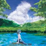  blue_hair blue_sky breasts cloud day drill_hair expressionless forest head_fins highres kanrobi looking_down mermaid misty_lake monster_girl mountain nature nude outdoors pale_skin partially_submerged profile scenery short_hair sitting_on_rock sky small_breasts solo touhou tree_branch wakasagihime 