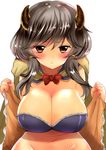  :&lt; abi_(ababsksk) blush breasts camieux cape cleavage closed_mouth draph granblue_fantasy grey_hair groin highres horns large_breasts leaning_forward long_hair orange_eyes simple_background solo white_background 