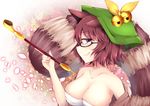  alternate_eye_color animal_ears bell black-framed_eyewear breasts brown_hair brown_shirt cleavage collarbone commentary_request from_side futatsuiwa_mamizou glasses green_hat grin hat highres holding holding_pipe kiseru large_breasts looking_at_viewer miy@ open_clothes open_shirt petals pipe purple_eyes raccoon_ears raccoon_tail reflective_eyes sarashi semi-rimless_eyewear shiny shiny_hair shiny_skin shirt short_hair smile solo tail touhou under-rim_eyewear upper_body 