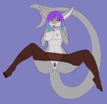  anthro anus areola black-phoenix blue_hair breasts clothing female fish hair legwear looking_at_viewer marine navel nipples open_mouth pussy shark simple_background solo spread_legs spreading stockings teeth thick_thighs 