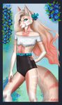  2016 5_fingers anthro black_lips blue_eyes canine clothed clothing etskuni eyelashes female fluffy fluffy_tail fox fur hair hand_on_hip looking_at_viewer mammal pink_hair pink_nose smile solo standing white_fur 