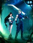  1girl bad_artstation_id bad_id bare_legs bare_shoulders black_hair blonde_hair breasts buster_sword cloud_strife crop_top elbow_gloves final_fantasy final_fantasy_vii gloves huge_weapon large_breasts long_hair looking_at_viewer low-tied_long_hair midriff miniskirt over_shoulder riikka_sofia_riekkinen skirt sleeveless smile spiked_hair suspender_skirt suspenders sword tank_top tifa_lockhart weapon weapon_over_shoulder 