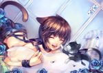  :d ^_^ animal_ears artist_name blue_flower blue_rose brown_hair cat cat_ears cat_tail closed_eyes flower lying neck_ribbon on_stomach open_mouth original pillow purple_ribbon ribbon rose short_hair smile tail w.r.b 