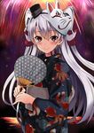  amatsukaze_(kantai_collection) blush brown_eyes collar fan fireworks fox_mask hair_tubes japanese_clothes kantai_collection kimono kyougoku_shin long_hair looking_at_viewer mask night night_sky paper_fan silver_hair sky smile solo two_side_up windsock 