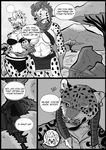  anthro comic dialogue digital_media_(artwork) english_text ezukapizumu feline female fur hair hyena male mammal melee_weapon monochrome polearm spear speech_bubble text weapon 