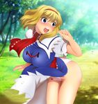  1girl alice_margatroid ass bare_legs blonde_hair blue_eyes breasts cowboy_shot embarrassed eyebrows eyebrows_visible_through_hair floating_hair forest grass hairband highres large_breasts looking_back open_mouth outdoors panties pink_panties shadow short_hair short_sleeves skirt skirt_lift solo standing surprised sweat touhou trees underwear wind yadokari_genpachirou 