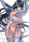  ass_visible_through_thighs black_hair blue_eyes breasts cameltoe cleavage elbow_gloves gloves gtunver highres impossible_clothes junketsu kill_la_kill kiryuuin_satsuki looking_at_viewer navel revealing_clothes scabbard sheath solo stomach sword thigh_gap thighhighs weapon 