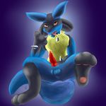  2016 anatomically_correct animal_genitalia animal_penis beckoning bedroom_eyes black_fur blue_background blue_fur butt canine canine_penis erection feral flat_chested fur half-closed_eyes hand_on_crotch hi_res horny jackal looking_at_viewer lucario male mammal multicolored_fur nintendo pawpads paws penis pok&eacute;mon precum presenting presenting_penis raised_leg red_eyes seductive signature simple_background solo tongue tongue_out video_games vswitch yellow_fur 