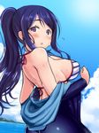  :0 ass bare_shoulders bikini blue_hair blush breasts cloud covered_nipples day diving_suit large_breasts long_hair looking_at_viewer looking_back love_live! love_live!_sunshine!! matsuura_kanan ocean off_shoulder open_mouth ponytail purple_eyes robin16 sky solo strap_gap striped striped_bikini swimsuit undressing wetsuit 