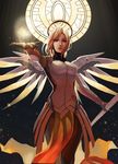  armor bangs black_gloves blonde_hair blue_eyes bodysuit breastplate breasts brown_legwear cowboy_shot faulds gloves hand_up headgear highres holding holding_staff holding_weapon llxhh loincloth long_hair looking_at_viewer mechanical_halo mechanical_wings medium_breasts mercy_(overwatch) overwatch pantyhose parted_lips pelvic_curtain ponytail red_cross solo spread_wings staff swiss_flag turtleneck weapon wings yellow_wings 