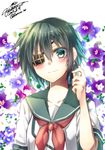  alternate_hair_length alternate_hairstyle artist_name closed_mouth commentary dated eyepatch floral_background green_eyes green_hair hand_in_hair kantai_collection kiso_(kantai_collection) looking_at_viewer neckerchief school_uniform serafuku short_hair solo upper_body yuihira_asu 
