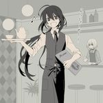  :d ahoge apron bar_stool bow bowtie cup greyscale highres honebami_toushirou honegai male_focus menu monochrome multiple_boys namazuo_toushirou necktie open_mouth plant ponytail pouring smile stool teacup teapot touken_ranbu translated tray waistcoat waiter 