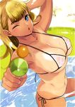  ;o absurdres arai_kei arm_up bikini blonde_hair blue_eyes breasts collarbone day dutch_angle freckles highres large_breasts looking_at_viewer navel one-piece_tan one_eye_closed open_mouth outdoors scan see-through skindentation solo string_bikini swimsuit tan tanline toranoana wading water water_gun wet 
