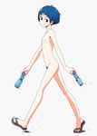 arched_back bad_id bad_twitter_id blue_eyes blue_footwear blue_hair bottle flat_chest from_side full_body grey_background highres holding holding_bottle looking_to_the_side navel nipples nude original pale_skin pubic_hair ramune ribs sandals shoes shokubai_phantom_girl short_hair simple_background skinny smile solo standing tan_background walking wet 