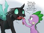  2016 absurd_res ambiguous_gender changeling dialogue dragon duo english_text fangs feral forked_tongue friendship_is_magic green_eyes hi_res insect_wings my_little_pony open_mouth scalie silfoe spike_(mlp) text tongue tongue_out wings 