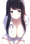 bangs black_hair blue_eyes blush bottomless breasts caidychen cleavage closed_mouth collarbone collared_shirt cowboy_shot eyebrows_visible_through_hair frown hanging_breasts large_breasts long_hair long_sleeves looking_at_viewer no_bra original shirt simple_background solo straight_hair swept_bangs v_arms white_background white_shirt 
